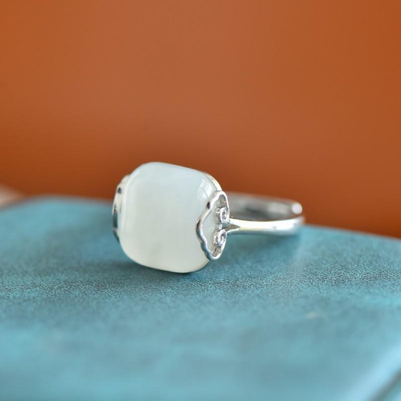 Adjustable Open Ring Women Men Vintage Style Geometric Square Jade-Inspired Copper Statement