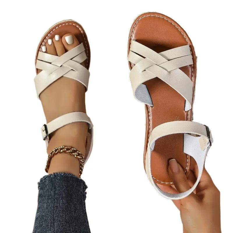 Fashion Summer Women's Shoes 2024 New Women's Sandals Fashionable Solid Color Open Toe One-line Buckle Strap Large Size Women's Sandals