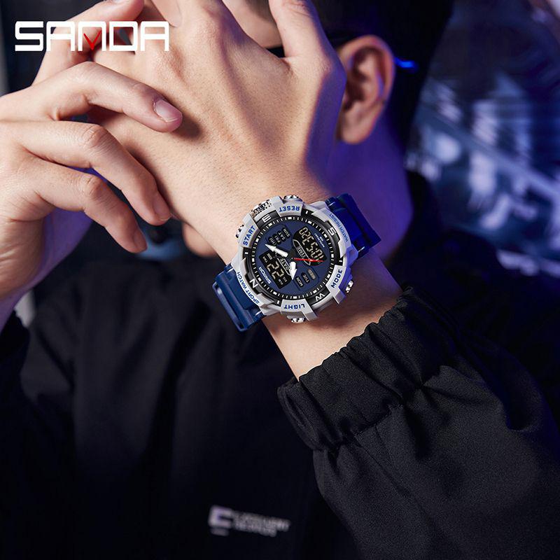 Sanda Men's Casual Sports Waterproof Dual Display Digital Watch