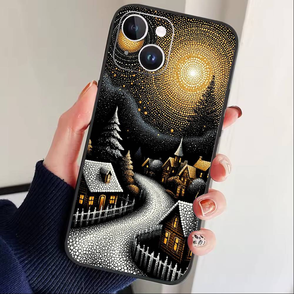 Whimsical landscape Starry Night Phone Case For iPhone17,16,15,14,13,12 Plus,Max Soft Silicone Black Cover
