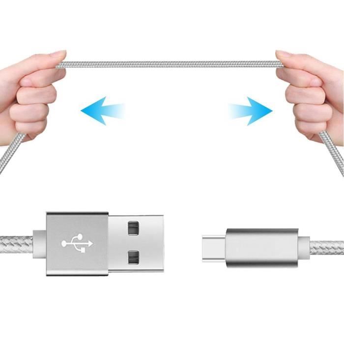 Câble usb type c, 1m, pour téléphone -nylon argenté