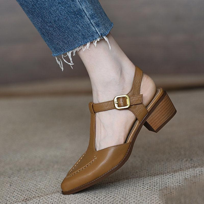 Coarse Heel Sandals Women'S Summer Soft French Medium Heel Rear Empty Bag Head T-Belt Casual Women'S Shoes Waterproof Table