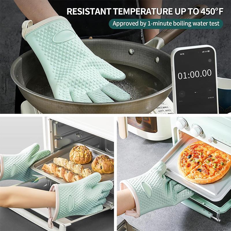 2PCS Silicone Oven Mitts Heat Resistant 450 Degrees Oven Glove Non-Slip Oven Gloves with Fingers Cotton Lined Kitchen Mitts