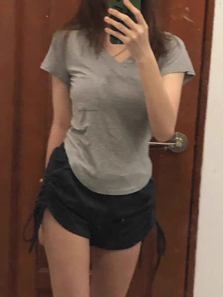 Summer Modal Cotton Draped Collarbone T-shirt Women Loose Korean-style Mid-Length Base Shirt Short Sleeve Casual V-neck Top