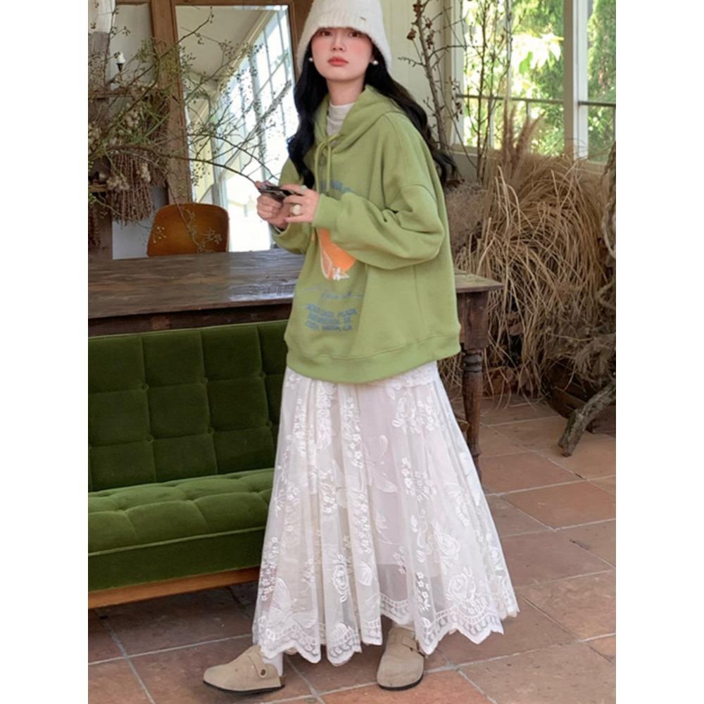DIMANAF 2025 Summer Women New White Skirts Vintage Elastic Pleated Elegant  Long Skirts Lace High Waist