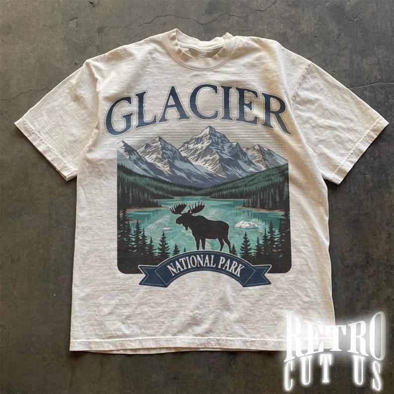Glacier National Park Vintage TShirt Retro Mountain Nature Tee Full Size S3XL Unisex T-Shirt XL