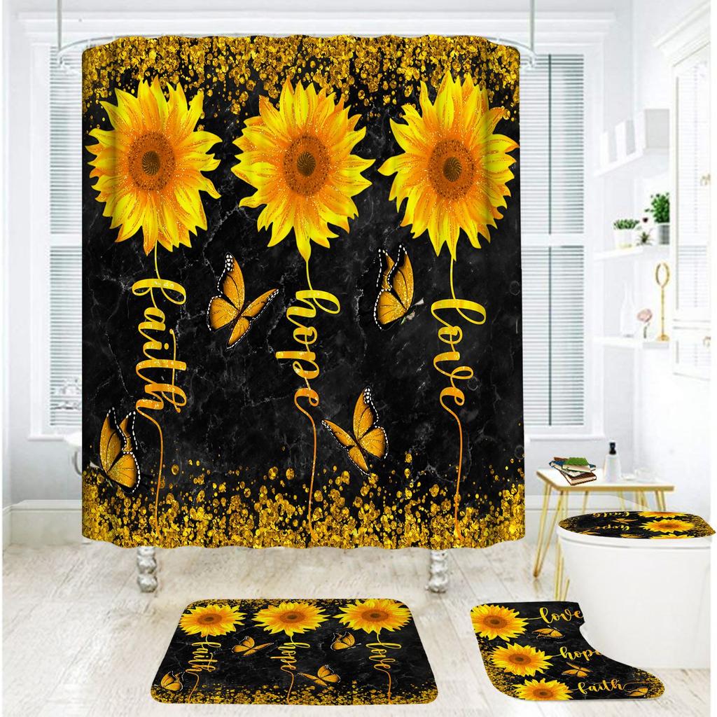 Bathroom Shower Curtain Four-Piece Shower Curtain Waterproof And Mildew-Proof Sunflower Shower Curtain Partition Curtain Free Of Punching