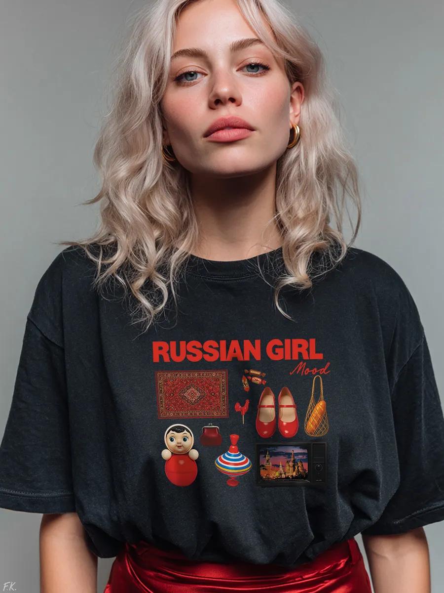 Basic solid oversized T-shirt with Russia girl print S