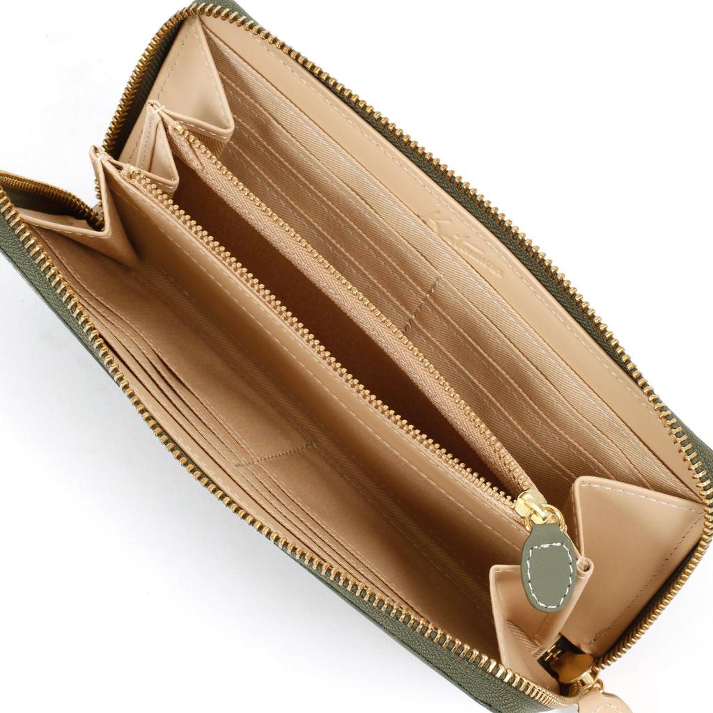 Kitamura Leather Long Wallet with a Unique Texture, KhakiIvory Stitching, PH0538, Green, 33915