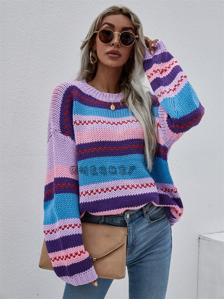 Autumn New Women's Clothing Rainbow Intercolor Knitted Sweater Pullover Women's Clothing Loose Sweater Women