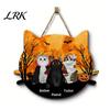 2D Flat Wood Sign Halloween Hanging Door Sign, Cute Cat Wooden Front Pet Name Tag Hanger with Hemp Rope for Porch Wall Indoor Home Decor
