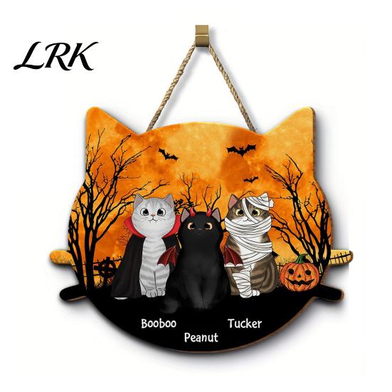 2D Flat Wood Sign Halloween Hanging Door Sign, Cute Cat Wooden Front Pet Name Tag Hanger with Hemp Rope for Porch Wall Indoor Home Decor