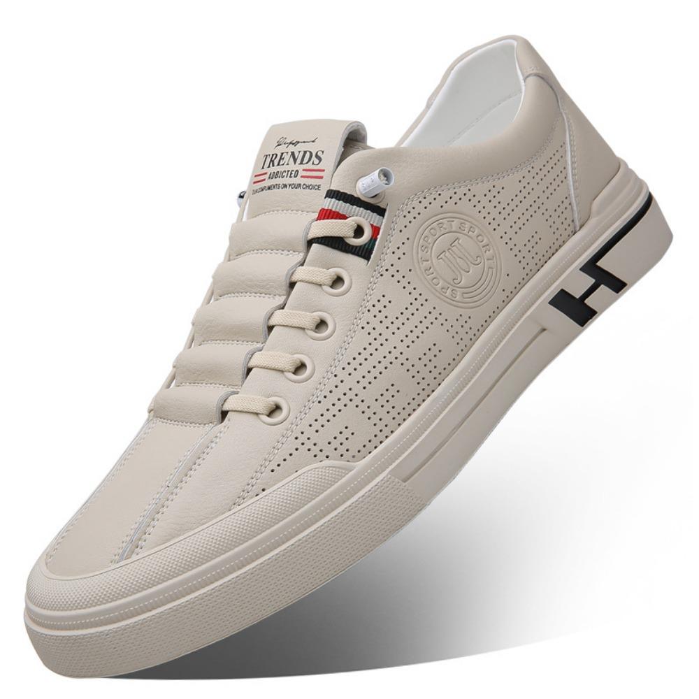 Mens Leather Casual Shoes Spring Summer Trendy Slip On Sneakers Breathable Hollow Out White Shoes