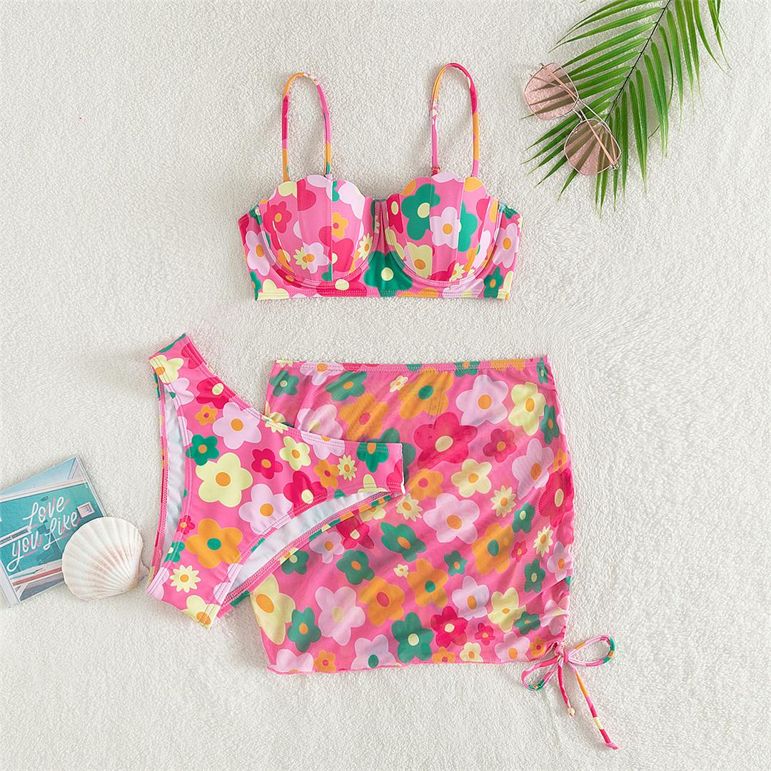 

Бикини с цветами, купальник пуш-ап, женский купальник, женский комплект бикини из трех частей с юбкой, бюстгальтер с чашкой, купальный костюм, купальный костюм L розовый