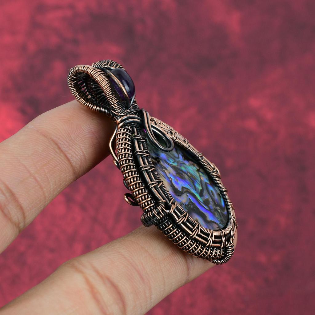 Abalone Shell Pendant Copper Wire Wrapped Pendant African Amethyst Pendant Handmade Copper Jewelry Genuine Gemstone Pendant Engagement Gifts