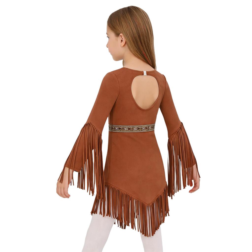 Girls Native American Cosplay Dress V Neck Long Fringed Sleeve Side Waist Zipper Back Cut Out Tassel Hem Dress