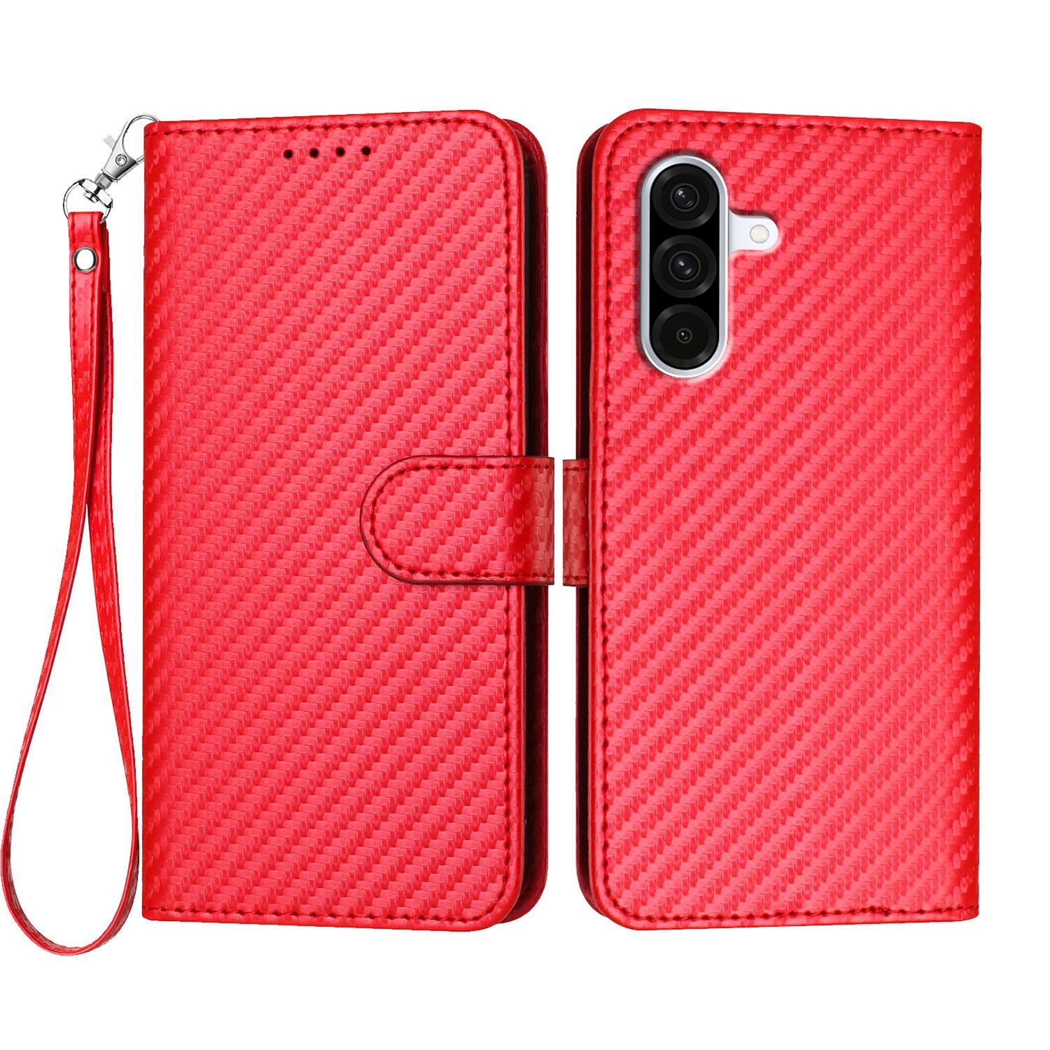 

For Samsung Galaxy A36 5G Wallet Case with Strap Carbon Fiber Texture Leather Mobile Cover Red