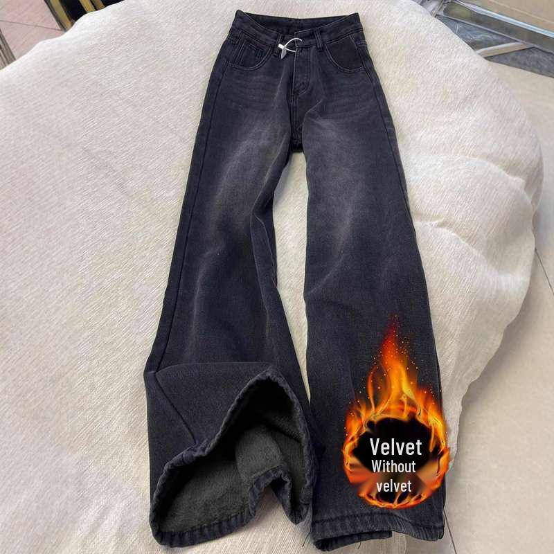 

Women s Black-Gray Plush High Waist Wide Leg Jeans - Retro Washed, Thickened for Autumn-Winter, Slimming Loose Fit. Extra Large