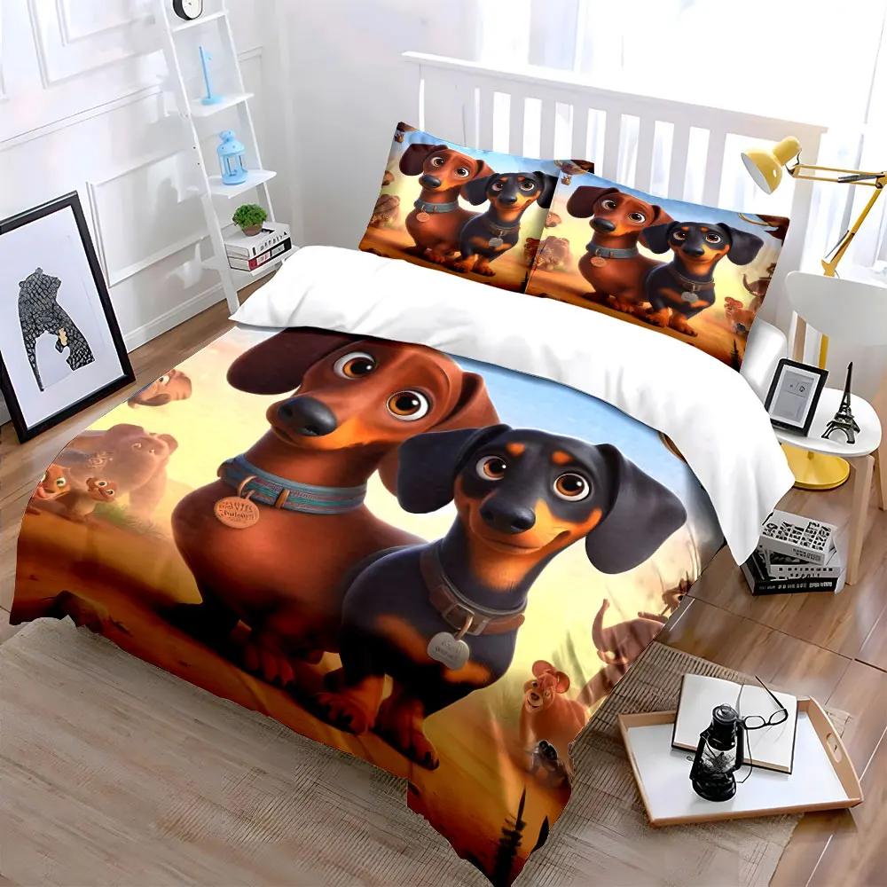 3Pcs Dachshund Bedding Set Cute Cartoon Wiener Dogs Print Duvet Cover + 2 Pillowcases Large-sized home decor gifts