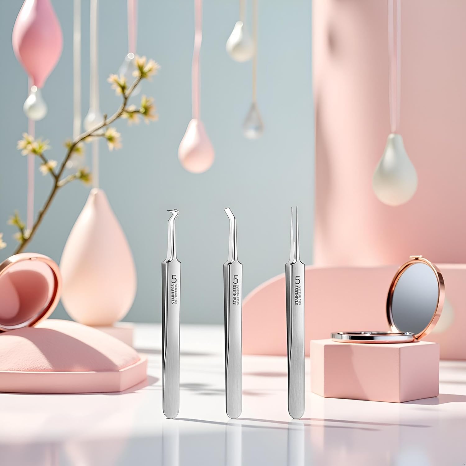 3Pcs Silver Professional Blackhead Tweezer,Professional Facial Blackhead Remover Tweezers Precision Extractor Acne Removal Kit Pimple Popper