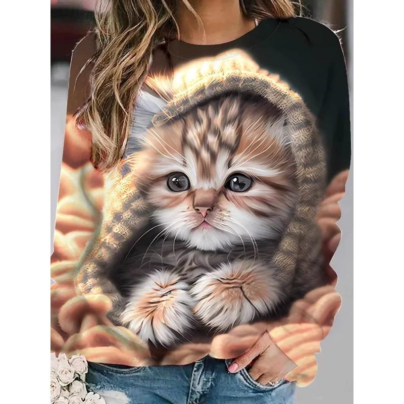

Women s Pullover Sweatshirt Hoodies Print Animal Cat Dog Fashion Casual Long Sleeve Crew Neck Round Tops S