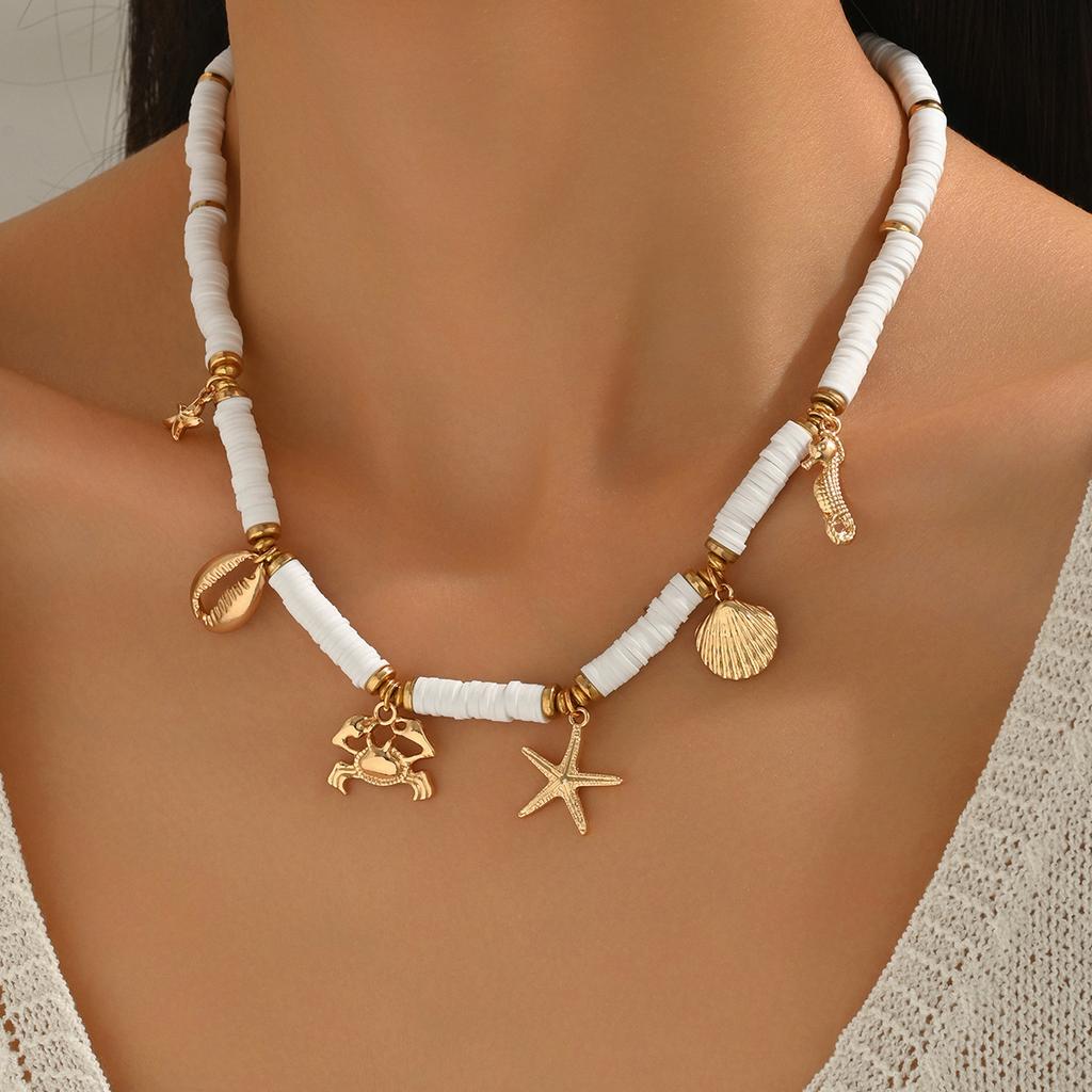 Bohemian Ocean Wind Crab Seahorse Starfish Shell Necklace Weaving Soft Pottery Summer Vacation Necklace Women