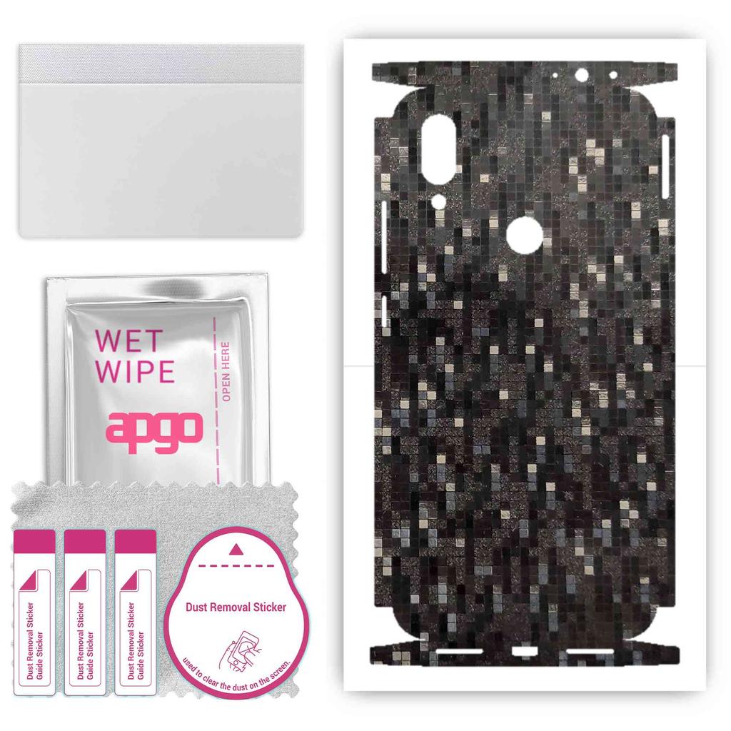 apgo Protective Skin Sticker for the back+sides compatible with Xiaomi Redmi 7, Full Wrap Film, Foil, Vinyl - Pattern Carbon Black Pixel