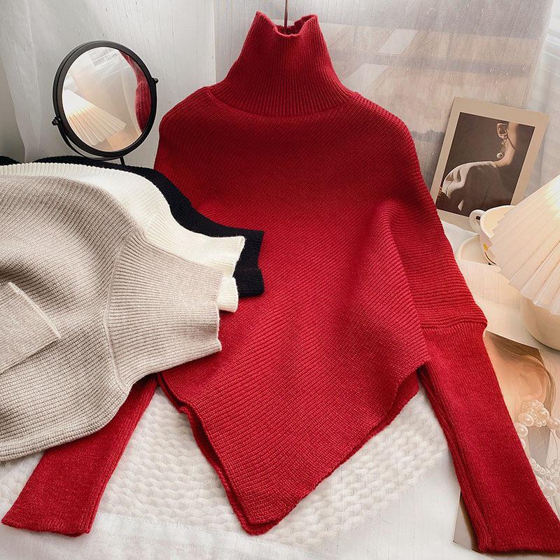 Women's Red High Collar Slim Knit Sweater - Autumn/Winter 2025 Korean Trend