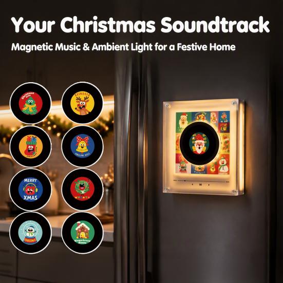 Magnete per Giradischi con Luce Notturna, Magnete per Frigorifero in Vinile, 9 Dischi Programmabili, Memoria da 128MB, Nessuna Musica, Luce LED Personalizzabile, Personalizzazione Magnetica NFC