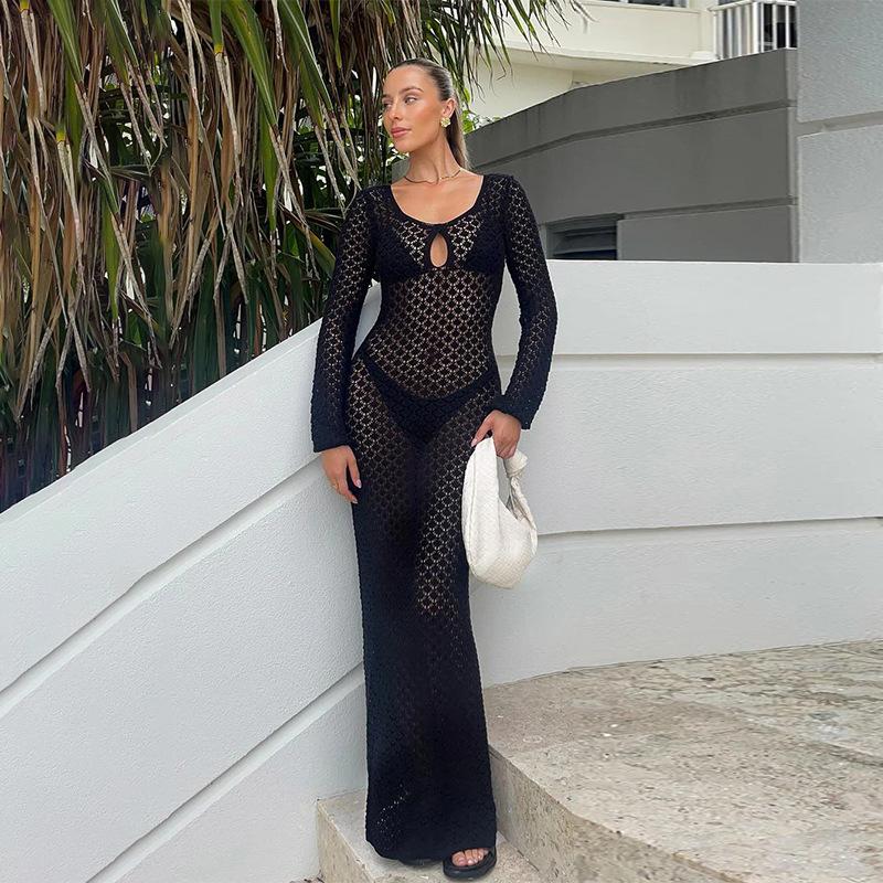 Elegant Knit Hooded Beach Cover-up: Long Sleeve Dress & Cardigan