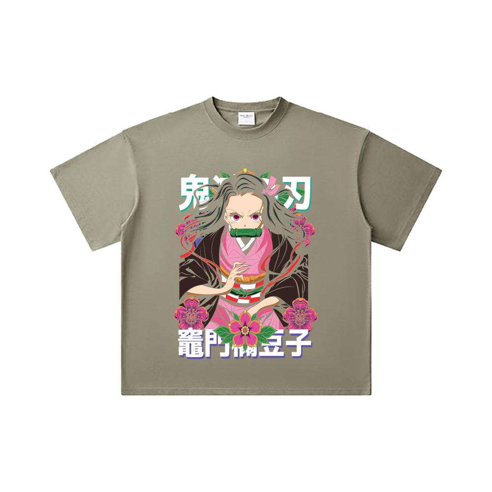 260 GSM Double Yarn 32 Count 100% Cotton Demon Slayer V70 Nezuko Flower Print Unisex Heavy Cotton T Shirt