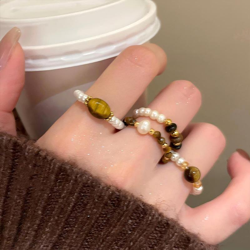 Vintage Brown Stones Imitation Pearls Beaded Rings for Women Girls Light Luxury Fashion Rings Jewelry Daily Commute Accessories