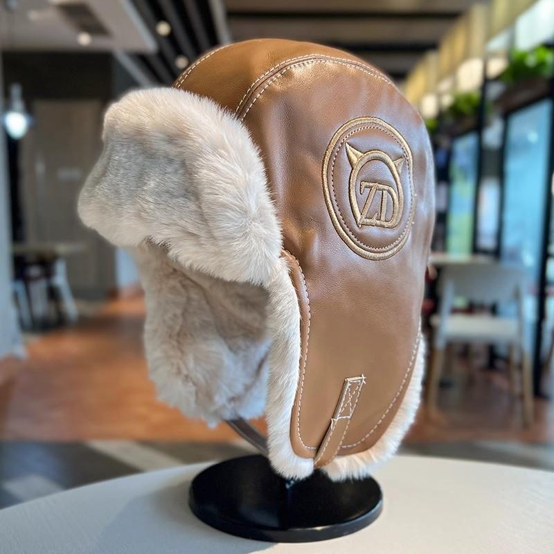 

Lei Feng Hat Women Winter Warm Pu Leather Plush Earmuff Cap For Outdoor Skiing And Cycling KhakiWindproof