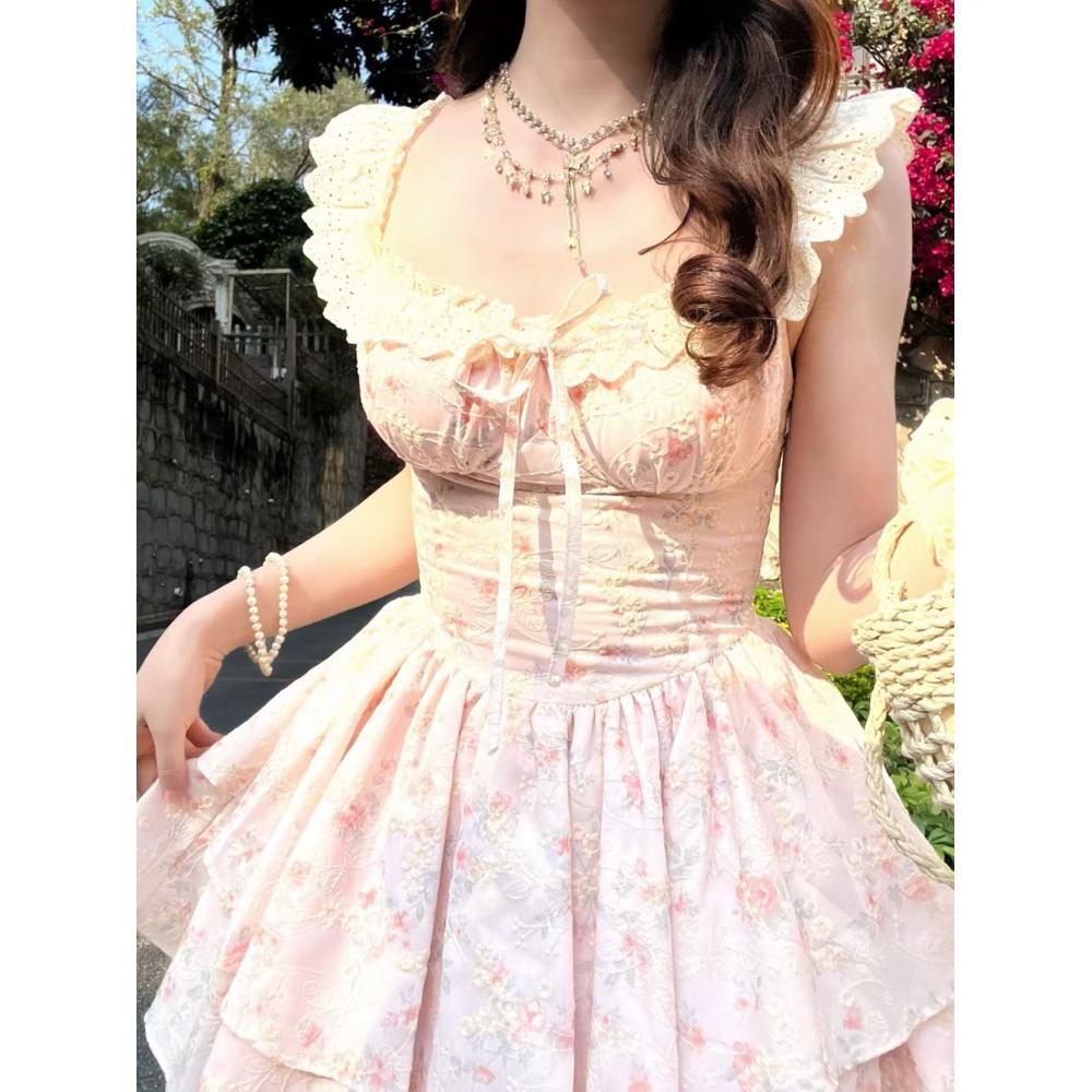 Summer Sweet and Gentle Wind Lace Floral Small Flying Sleeve Dress Waist Thin Splicing A Word Princess Tutu