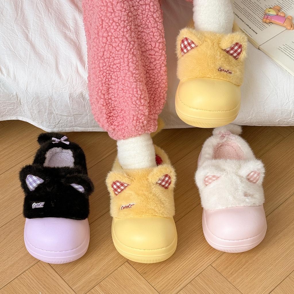 Soft cute cat home cotton slippers female winter student cute bag head waterproof confinement shoes non-slip platform shoes