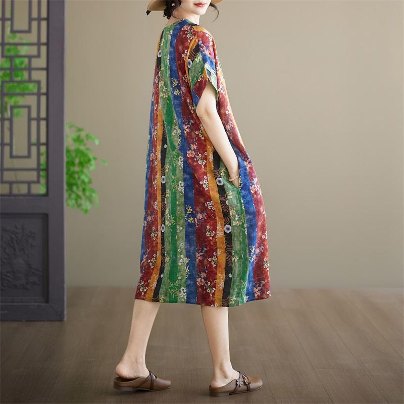Short Sleeve Plus Size Cotton Vintage Floral New In Dresses for Women Casual Loose Long Summer Dress
