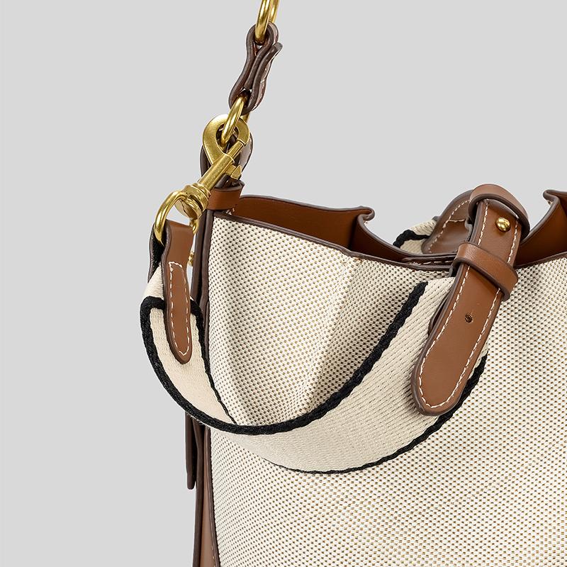 Fashion Panelled Canvas Bucket Bag Designer Women Handbags Luxury Pu Leather Shoulder Crossbody Bags with Wide Strap Tote Purses