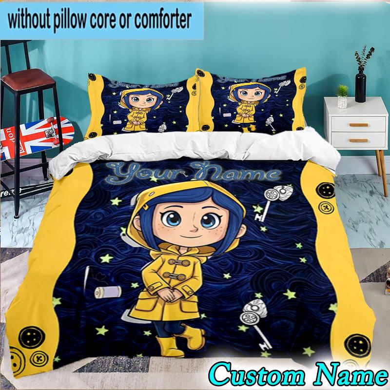Custom Name 3PCS Mystery Coraline's World Bedding Set,Including Duvet Cover And 2pcs Pillowcases Perfect for Bedroom,Dormitory,Fan Christmas Gift