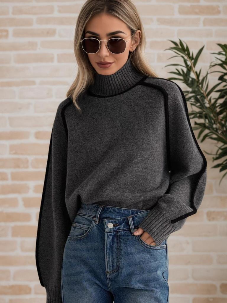 Herbst Winter Rollkragen Gestreifter Strickpullover Damen Lockerer Pullover