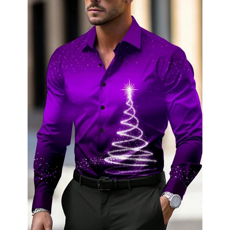 Camicie da Uomo a Tema Natalizio con Stampa Alberi di Natale Grafiche Degradé Fiocchi di Neve Camicie a Manica Lunga Button-Up Top alla Moda