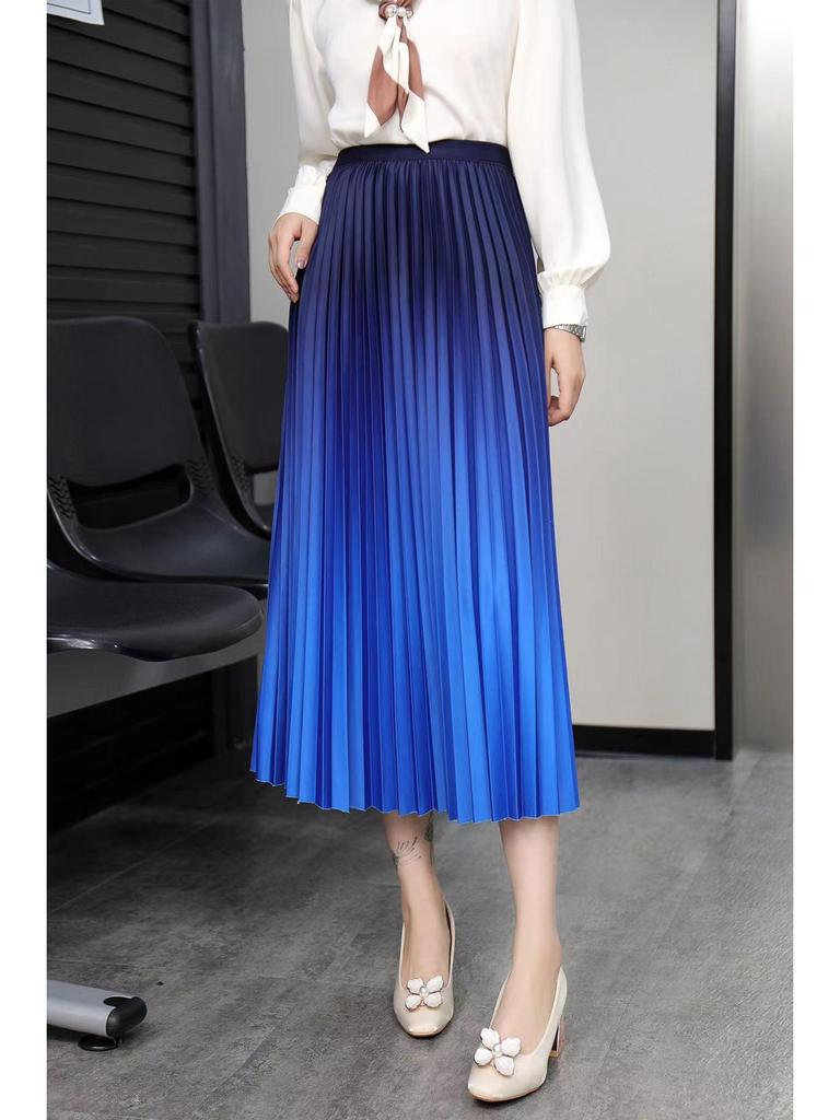 Women's Gradient Pleated Midi Skirt: Classic A-Line Slimming Design for Spring & Summer