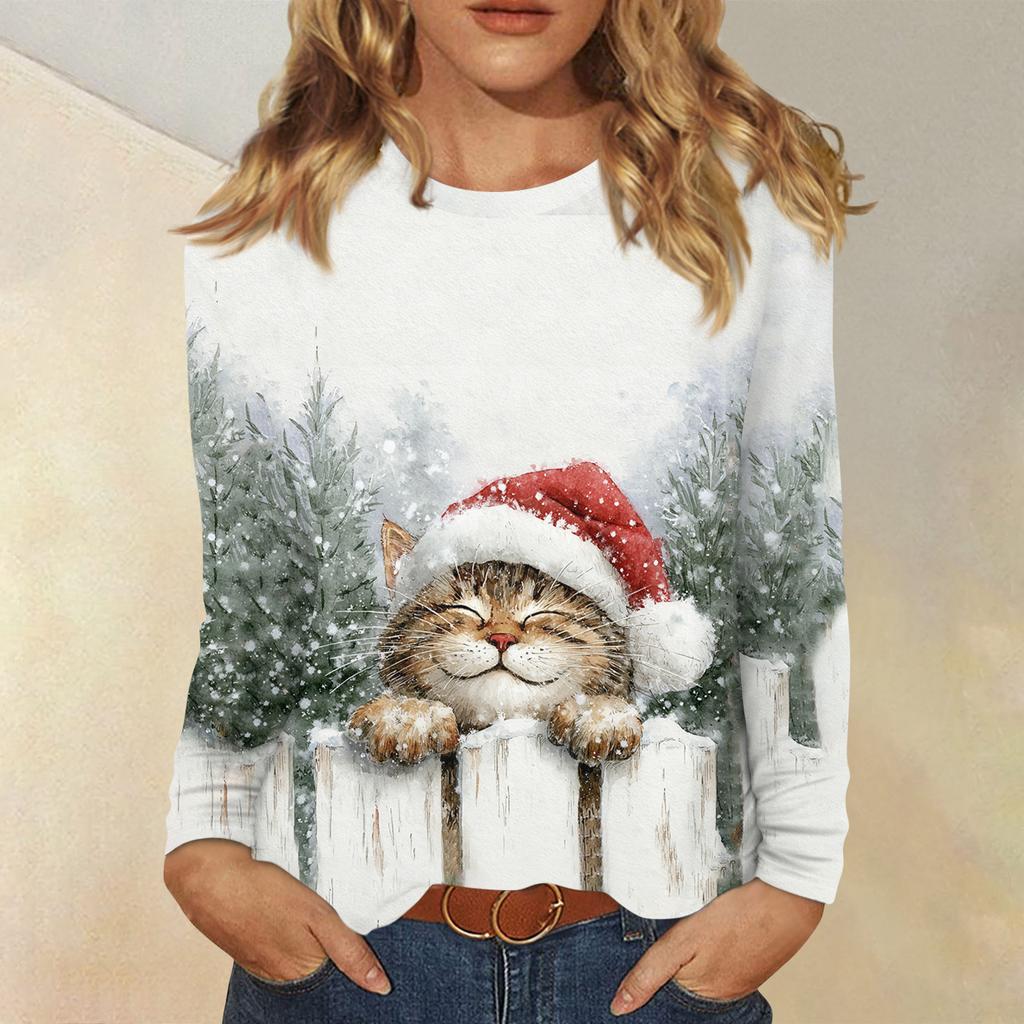 Langermede skjorter for kvinner Søt trykk grafisk t-skjorte Bluser Uformell Pluss størrelse Basic Topper Pullover