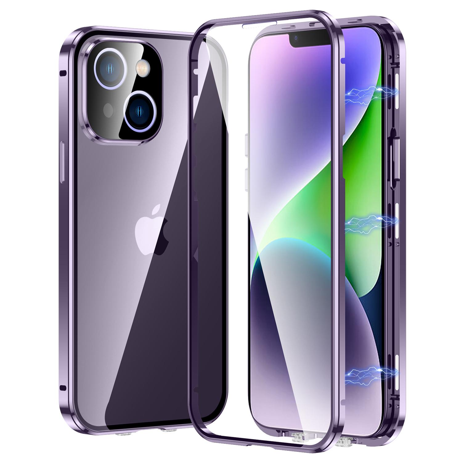 

For iPhone 15 Plus Straight Edge Phone Case Double Sides Tempered Glass Metal Frame Magnetic Cover with Buckle Purple