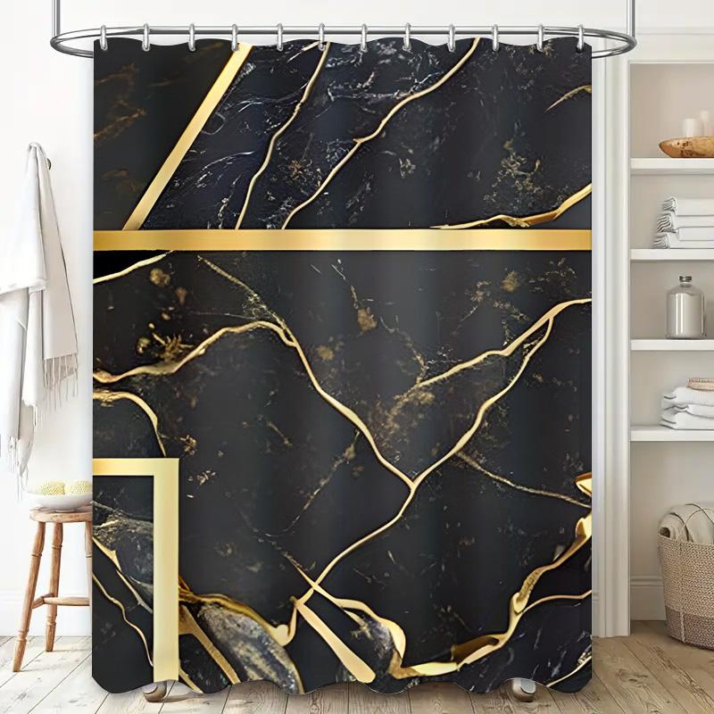 Luxury Marble Shower Curtain with Gold Accents for Bathroom Decor Modern Design in Black and White
