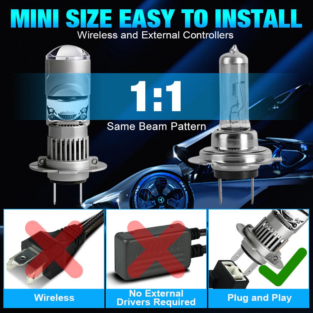 2 Pezzi Lampadine LED H7 per Proiettore Fari LHD 1:1 Mini Dimensioni Wireless Super Luminose 30000Lm LED H7 Turbo Fari Abbaglianti/Anabbaglianti Plug&Play 12V 6500K