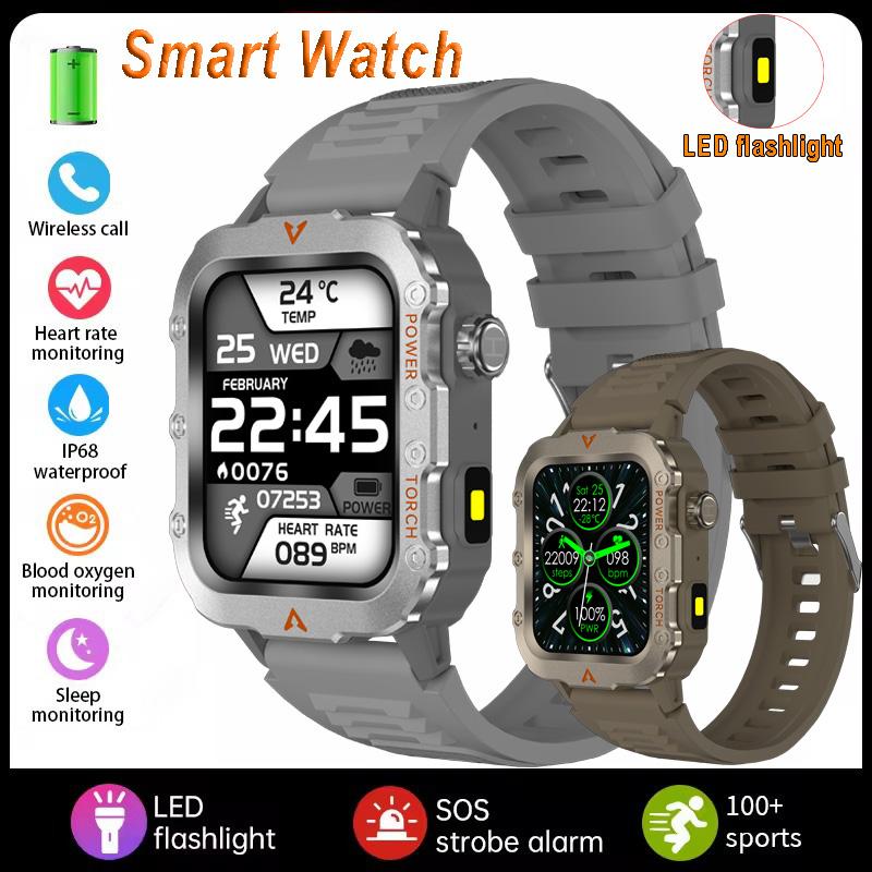 New Men's BT Call Smart Watch LED Flashlight Outdoor Sports Fitness Tracking Smartwatch Wristwatch Health Monitoring Watch