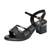 Soft Leather Women's High Heels Wear Open-toe Non-slip 2025 Summer New Fashionable Versatile Mid-heel One-button Sandals