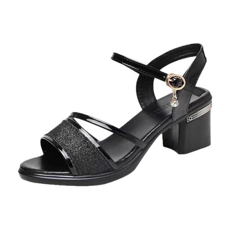 Soft Leather Women's High Heels Wear Open-toe Non-slip 2025 Summer New Fashionable Versatile Mid-heel One-button Sandals