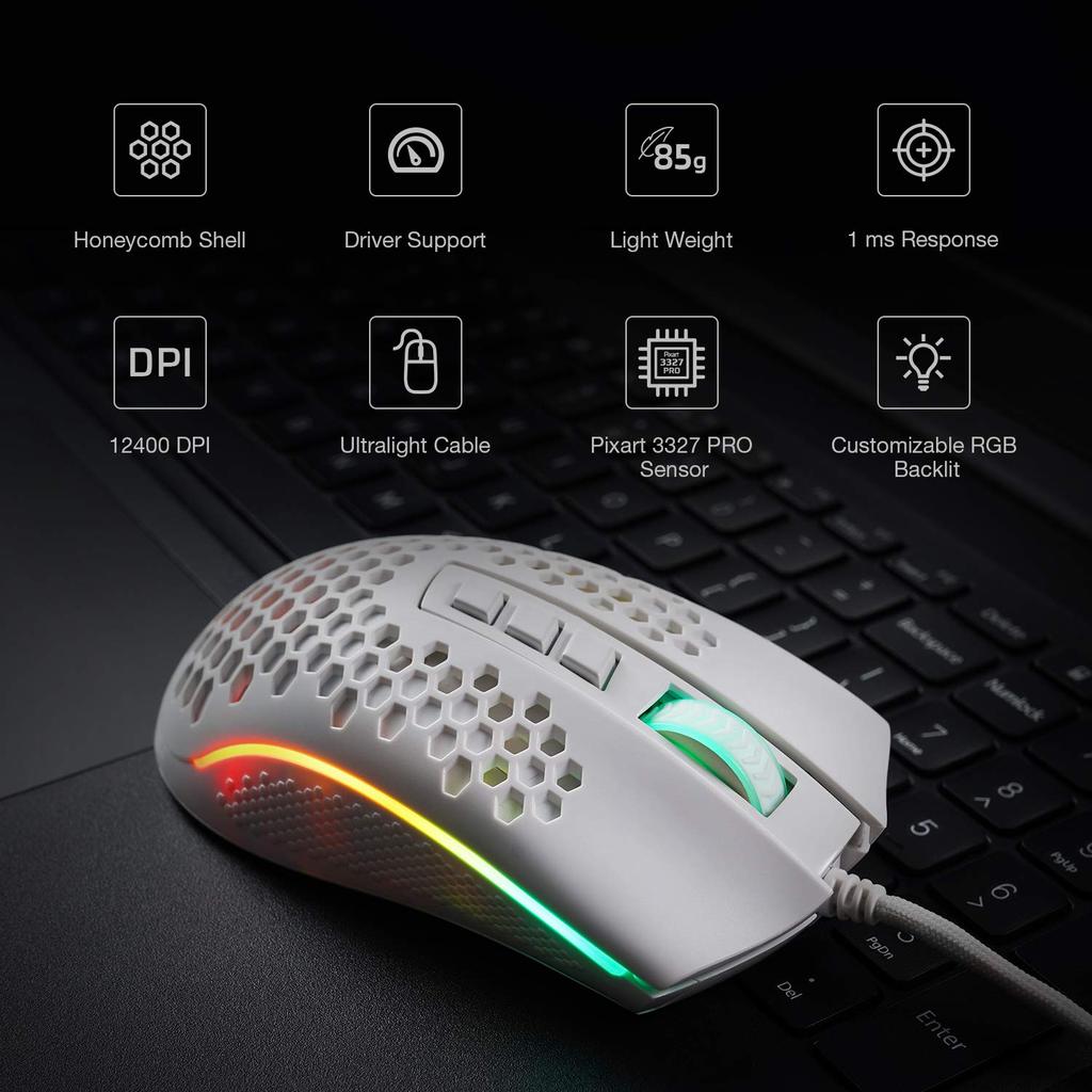 Redragon M808 Storm Lightweight RGB Gaming Mouse with 85g Ultra-Light Shell - 12,400 DPI Optical Sensor - 7 Programmable Buttons - Accurate