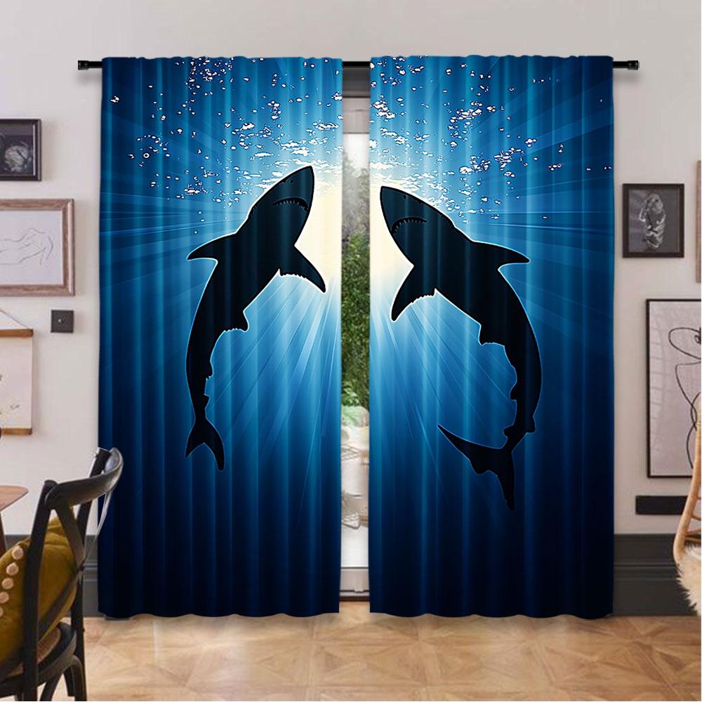 2Pcs Shark Curtains Silhouette Of The Fishes Swimming At Twilight Night Moon Mystic Sea Scenery Living Room Bedroom Window